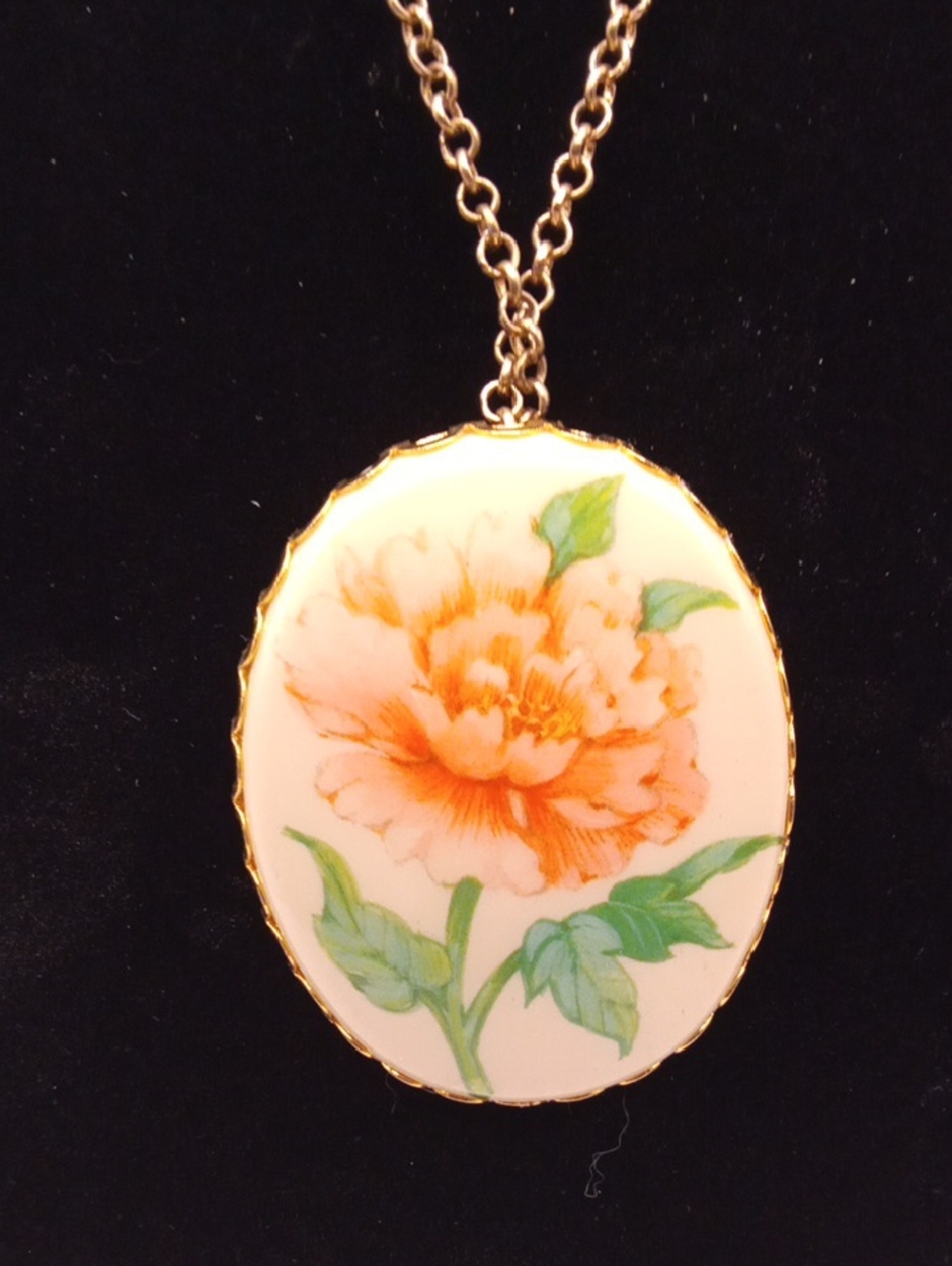 Vintage Hallmark Gold-Tone Porcelain Pendant Necklace with Orange Floral Motif